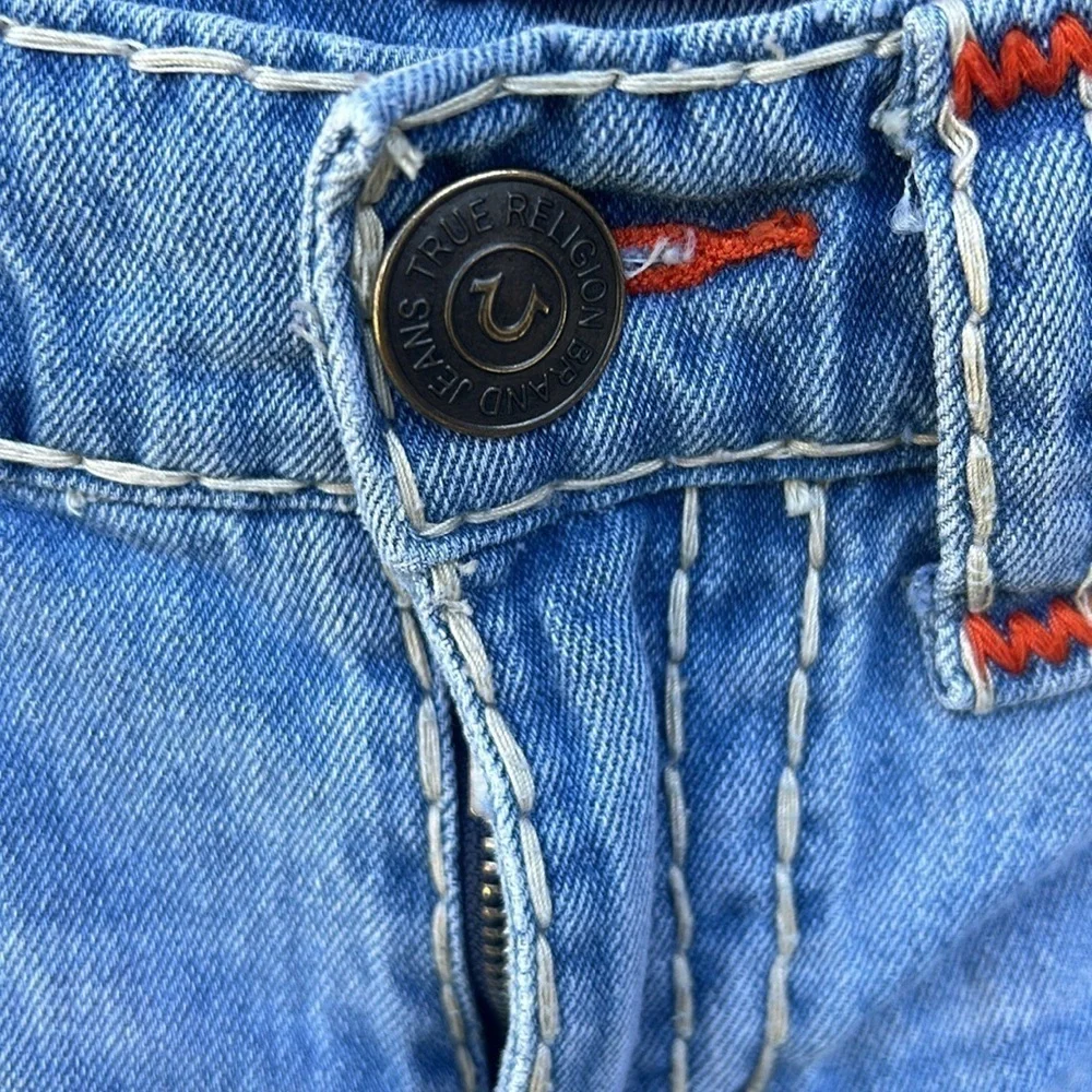 True Religion Ricky Relaxed Straight Jeans Sz 32 With Orange Stitching.